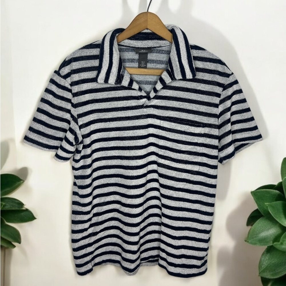 H&M Men’s Terrycloth Polo Shirt Medium Navy Gray Striped Retro Resort